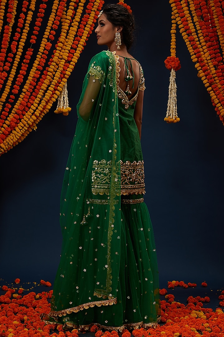 Dark Mint Dupion & Net Embroidered Gharara Set by Preeti S Kapoor at Pernia's Pop Up Shop