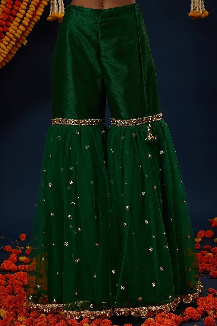 Dark Mint Dupion & Net Embroidered Gharara Set by Preeti S Kapoor at Pernia's Pop Up Shop