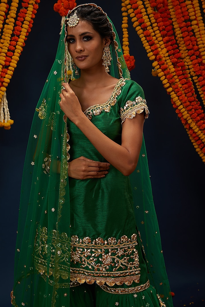 Dark Mint Dupion & Net Embroidered Gharara Set by Preeti S Kapoor at Pernia's Pop Up Shop