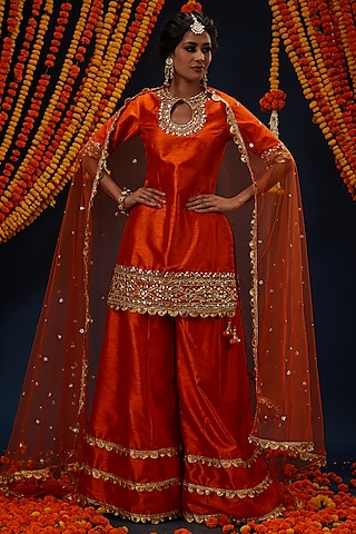 Rust Dupion Sharara Set by Preeti S Kapoor