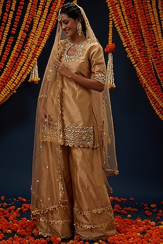 Beige Dupion Sharara Set by Preeti S Kapoor
