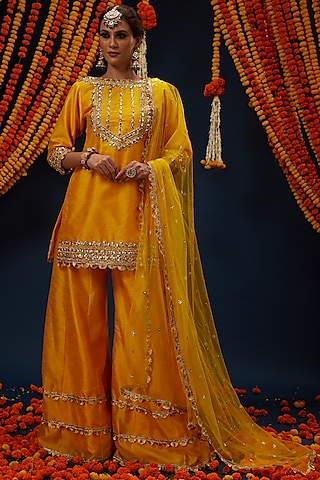 Cadmium yellow Dupion Sharara Set by Preeti S Kapoor