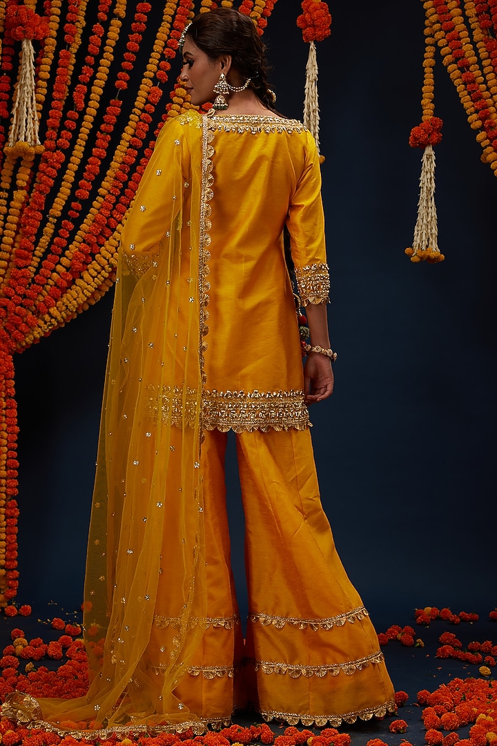 Cadmium yellow Dupion Party Wear Sharara Set by Preeti S Kapoor at Pernia's Pop Up Shop
