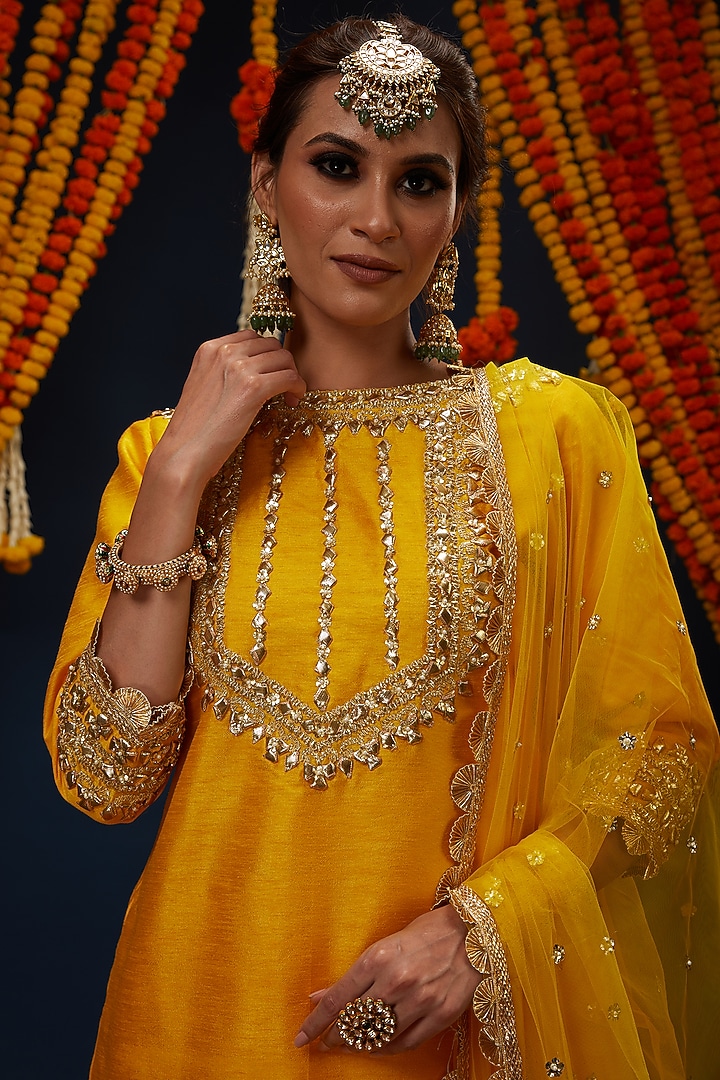 Cadmium yellow Dupion Party Wear Sharara Set by Preeti S Kapoor at Pernia's Pop Up Shop