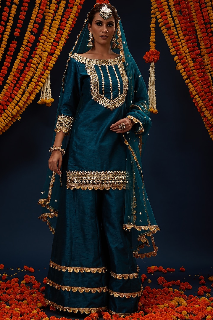 Teal Blue Dupion Sharara Set by Preeti S Kapoor