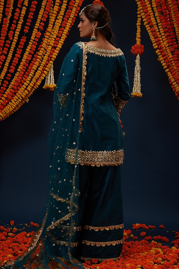 Teal Blue Dupion Party Wear Sharara Set by Preeti S Kapoor at Pernia's Pop Up Shop