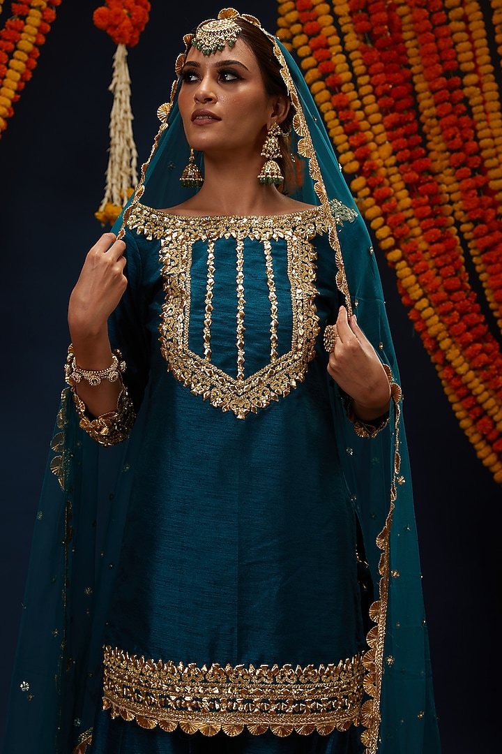 Teal Blue Dupion Party Wear Sharara Set by Preeti S Kapoor at Pernia's Pop Up Shop
