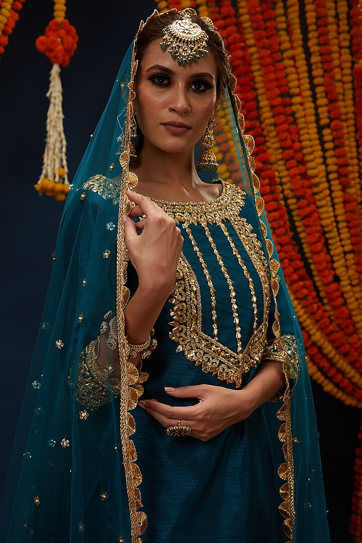 Teal Blue Dupion Party Wear Sharara Set by Preeti S Kapoor at Pernia's Pop Up Shop