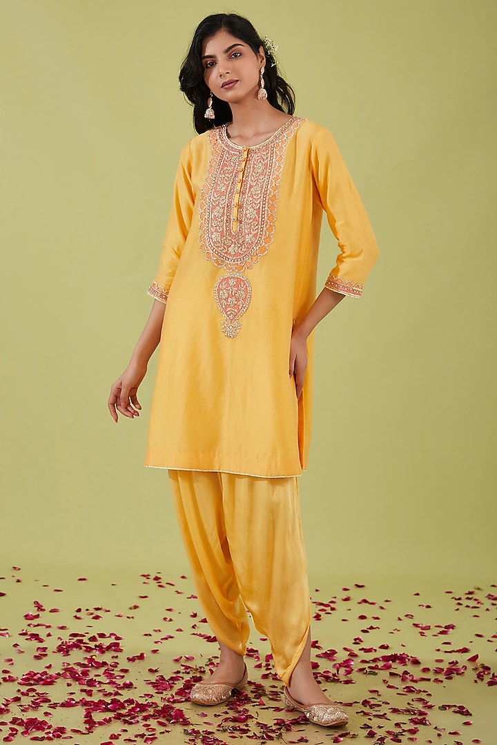 Yellow Chanderi Zari Embroidered A-Line Kurta Set by Preeti S Kapoor at Pernia's Pop Up Shop