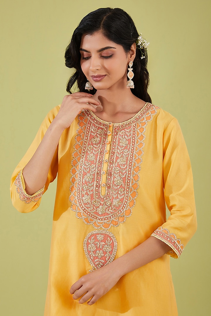 Yellow Chanderi Zari Embroidered A-Line Kurta Set by saina kapoor at Pernia's Pop Up Shop