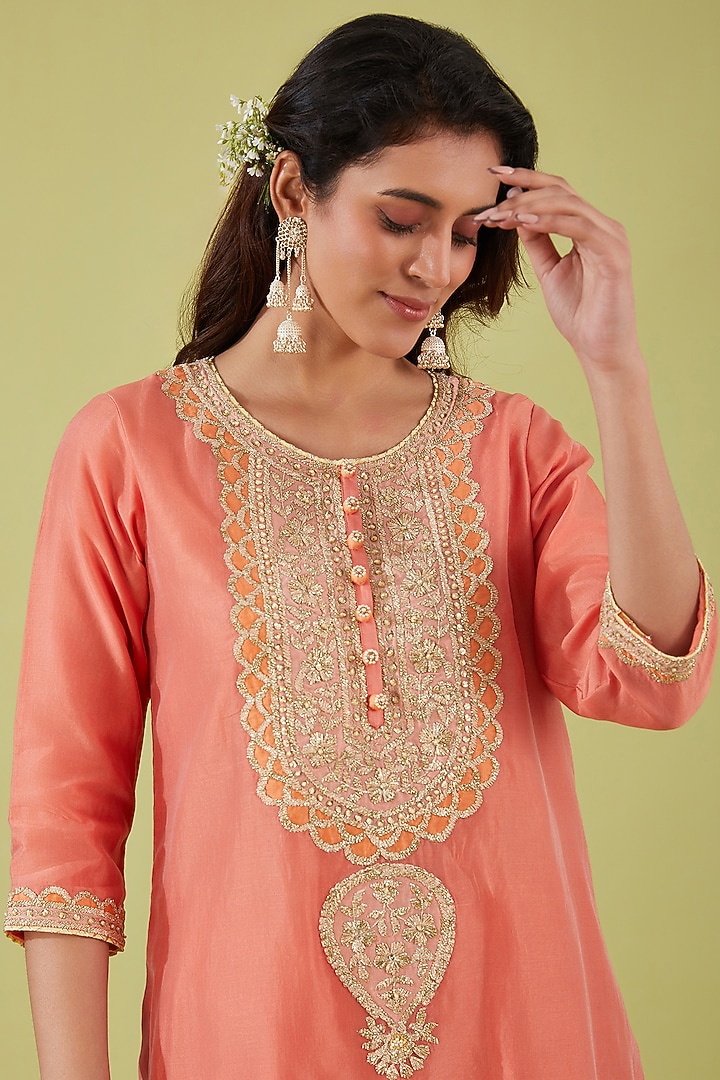 Rust Chanderi Zari Embroidered A-Line Kurta Set by saina kapoor at Pernia's Pop Up Shop