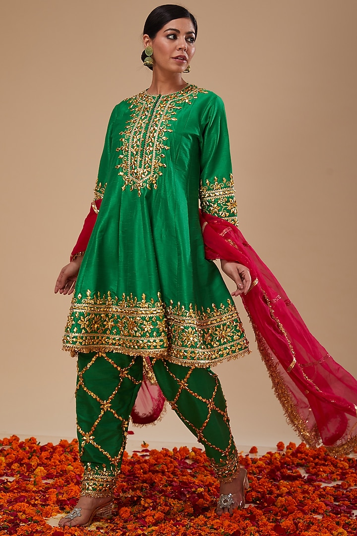 Green Dupion Silk Gota & Sequins Hand Embroidered Short Anarkali Set by Preeti S Kapoor
