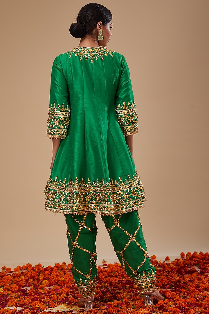 Green Dupion Silk Gota & Sequins Hand Embroidered Short Wedding Anarkali Set by Preeti S Kapoor at Pernia's Pop Up Shop