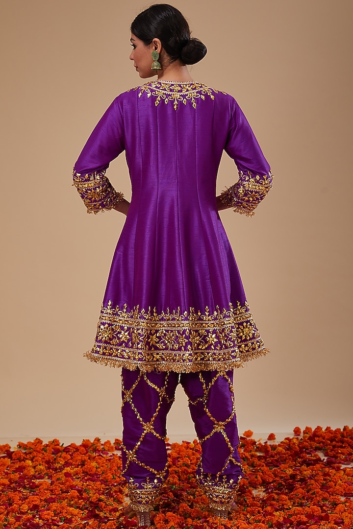 Purple Dupion Silk Gota & Sequins Hand Embroidered Short Wedding Anarkali Set by Preeti S Kapoor at Pernia's Pop Up Shop