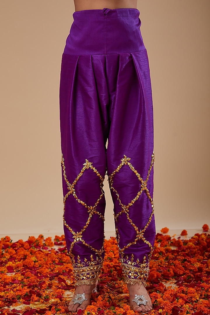 Purple Dupion Silk Gota & Sequins Hand Embroidered Short Wedding Anarkali Set by Preeti S Kapoor at Pernia's Pop Up Shop