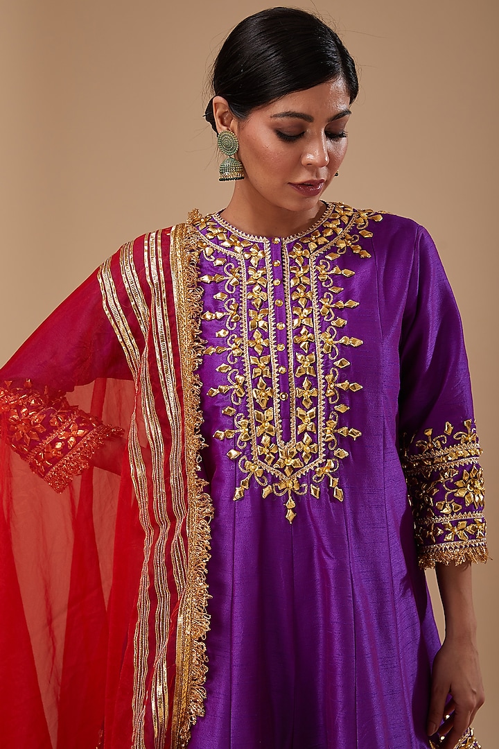 Printed Dupion Ankle Length Anarkali With Two Tone Pink Dupion Silk Centre Slit With Gota Lace main image 1
