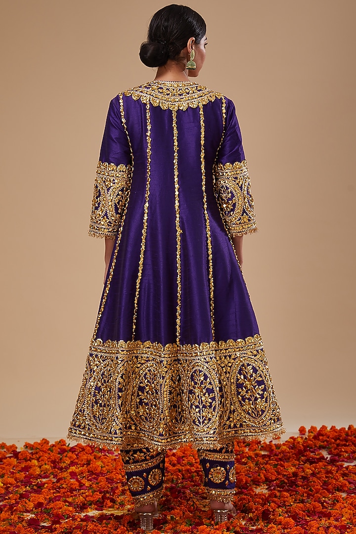 Midnight Blue Dupion Silk Gota & Sequins Hand Embroidered Wedding Anarkali Set by Preeti S Kapoor at Pernia's Pop Up Shop
