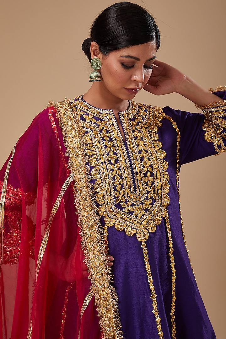 Midnight Blue Dupion Silk Gota & Sequins Hand Embroidered Wedding Anarkali Set by Preeti S Kapoor at Pernia's Pop Up Shop