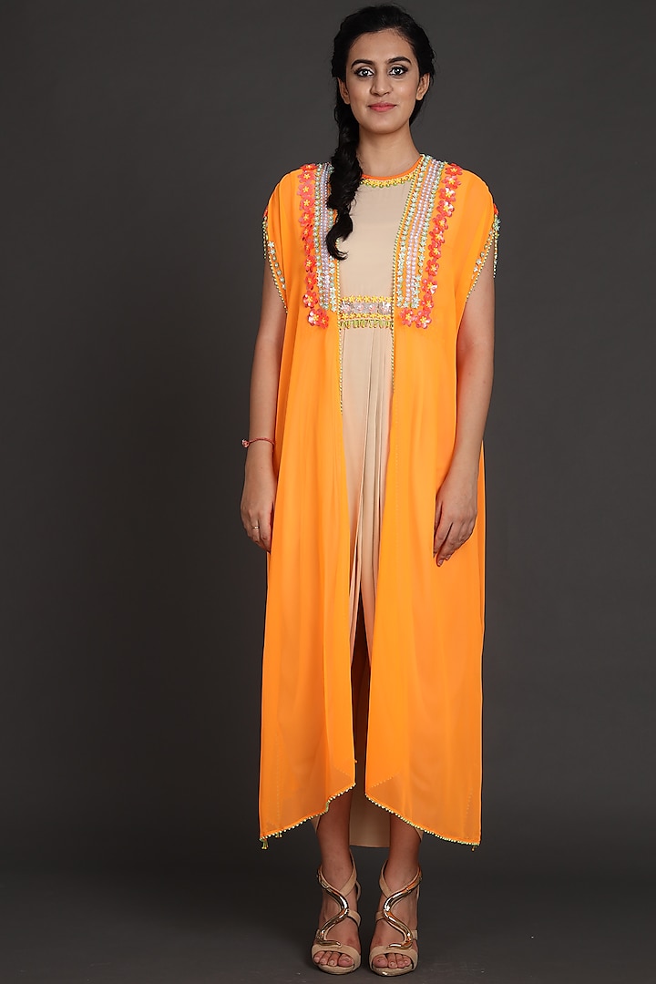 Rust Orange & Beige Embroidered Jumpsuit With Cape by Preeti S Kapoor