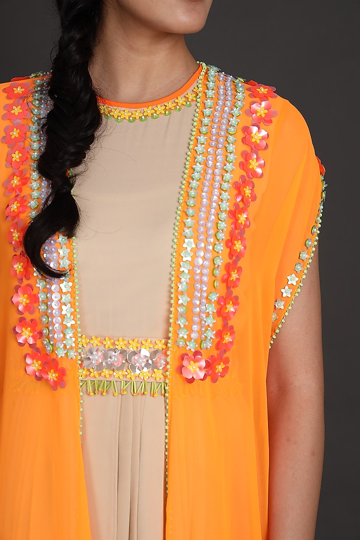 Rust Orange & Beige Embroidered Jumpsuit With Cape by Preeti S Kapoor at Pernia's Pop Up Shop