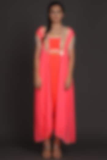 Pink & Orange Embroidered Jumpsuit With Cape by Preeti S Kapoor