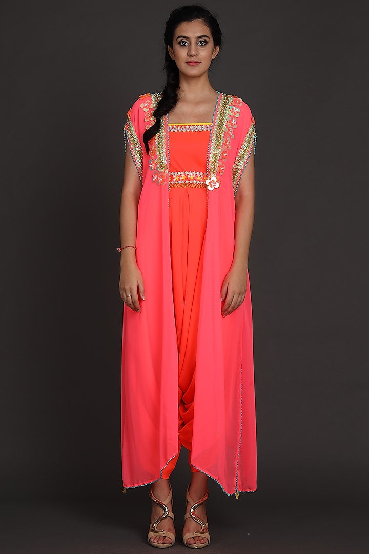 Pink & Orange Embroidered Jumpsuit With Cape by Preeti S Kapoor