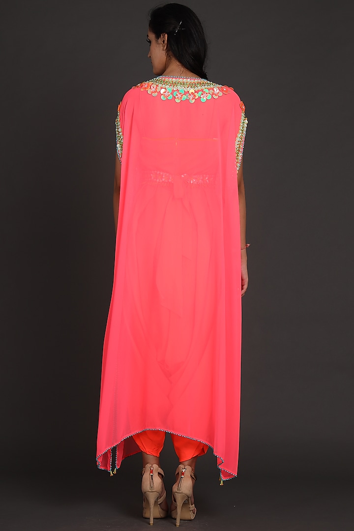 Pink & Orange Embroidered Jumpsuit With Cape by Preeti S Kapoor at Pernia's Pop Up Shop
