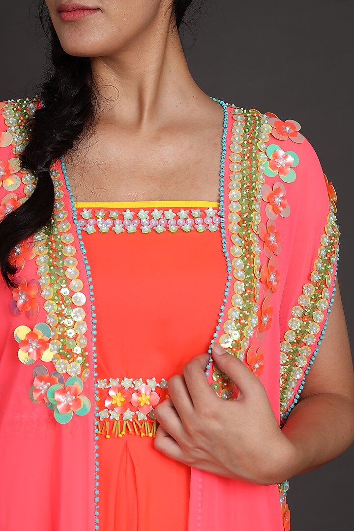 Pink & Orange Embroidered Jumpsuit With Cape by Preeti S Kapoor at Pernia's Pop Up Shop