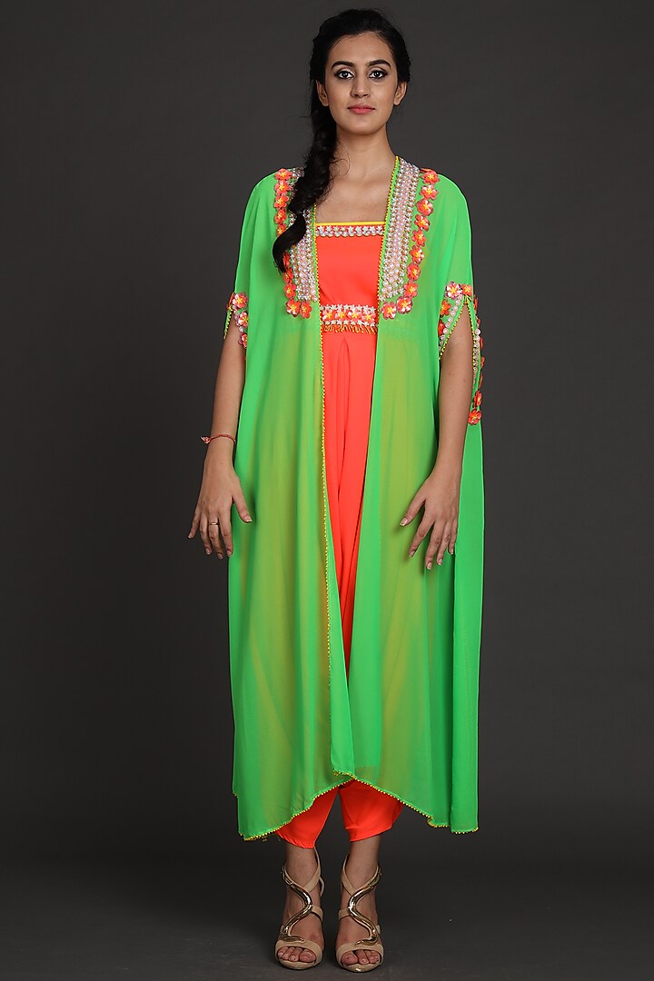 Green & Orange Embroidered Jumpsuit With Cape by Preeti S Kapoor