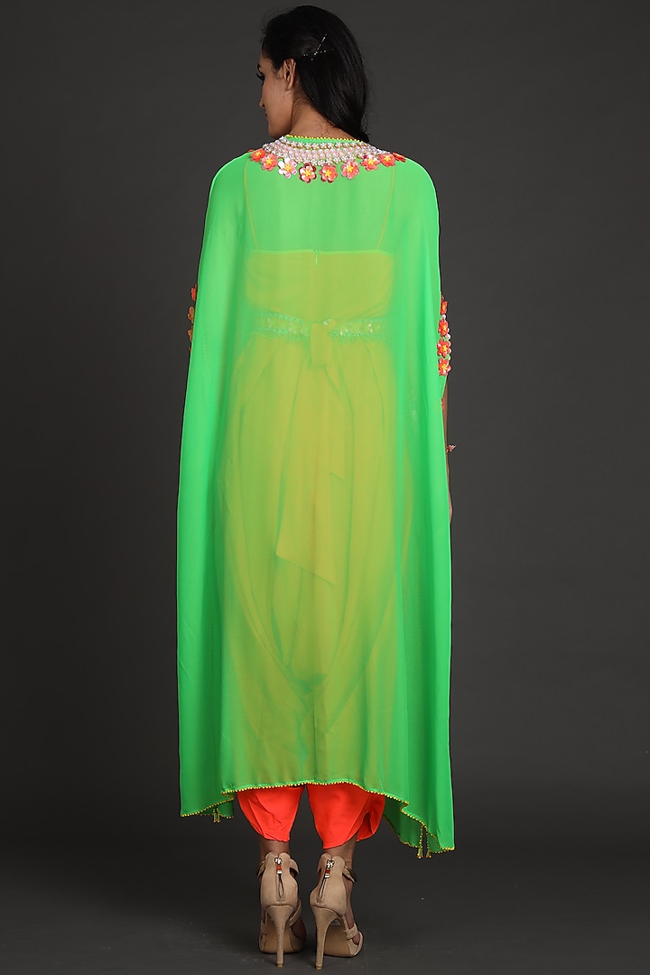Green & Orange Embroidered Jumpsuit With Cape by Preeti S Kapoor at Pernia's Pop Up Shop