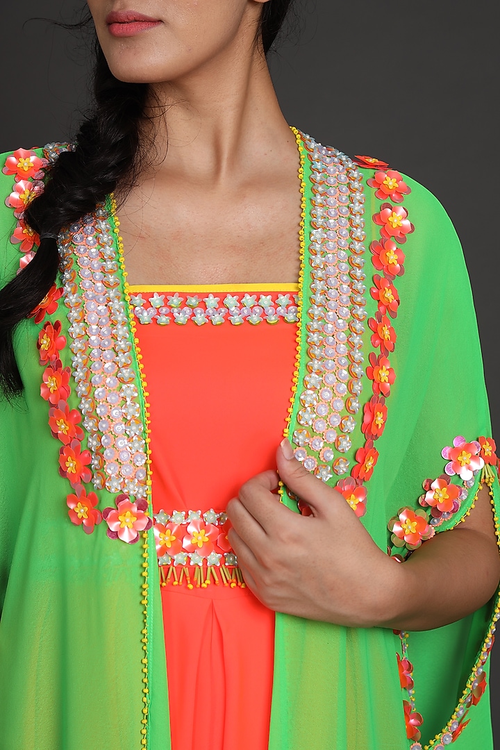Green & Orange Embroidered Jumpsuit With Cape by Preeti S Kapoor at Pernia's Pop Up Shop
