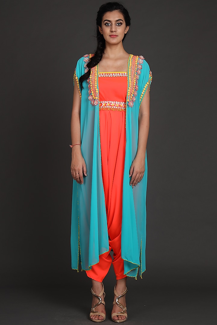 Blue & Orange Embroidered Jumpsuit With Cape by Preeti S Kapoor