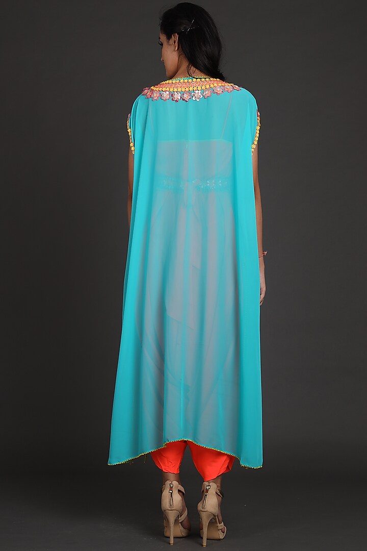 Blue & Orange Embroidered Jumpsuit With Cape by Preeti S Kapoor at Pernia's Pop Up Shop