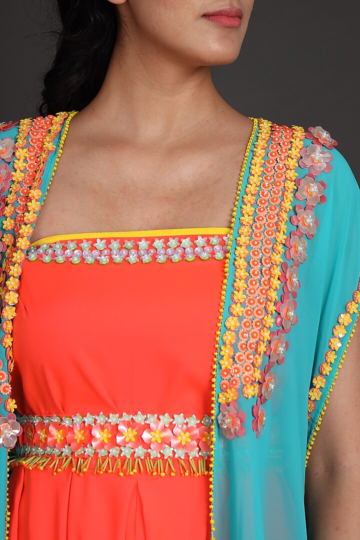 Blue & Orange Embroidered Jumpsuit With Cape by Preeti S Kapoor at Pernia's Pop Up Shop