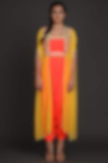 Yellow & Orange Embroidered Jumpsuit With Cape by Preeti S Kapoor