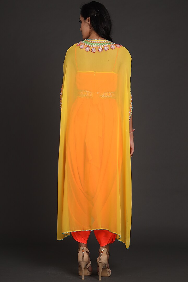 Yellow & Orange Embroidered Jumpsuit With Cape by Preeti S Kapoor at Pernia's Pop Up Shop