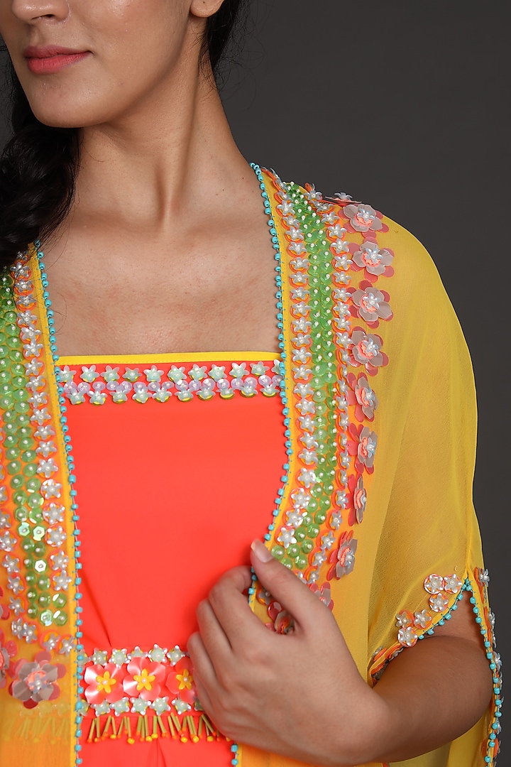 Yellow & Orange Embroidered Jumpsuit With Cape by Preeti S Kapoor at Pernia's Pop Up Shop