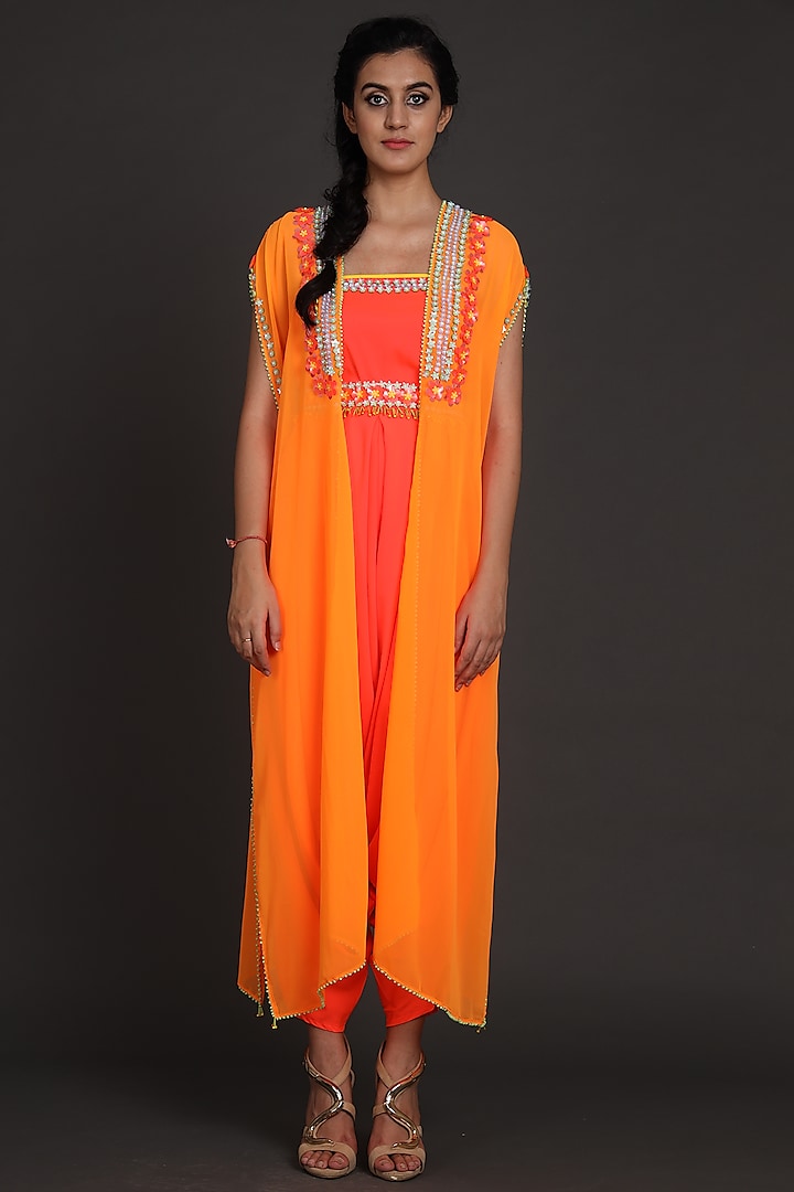 Rust Orange Embroidered Jumpsuit With Cape by Preeti S Kapoor