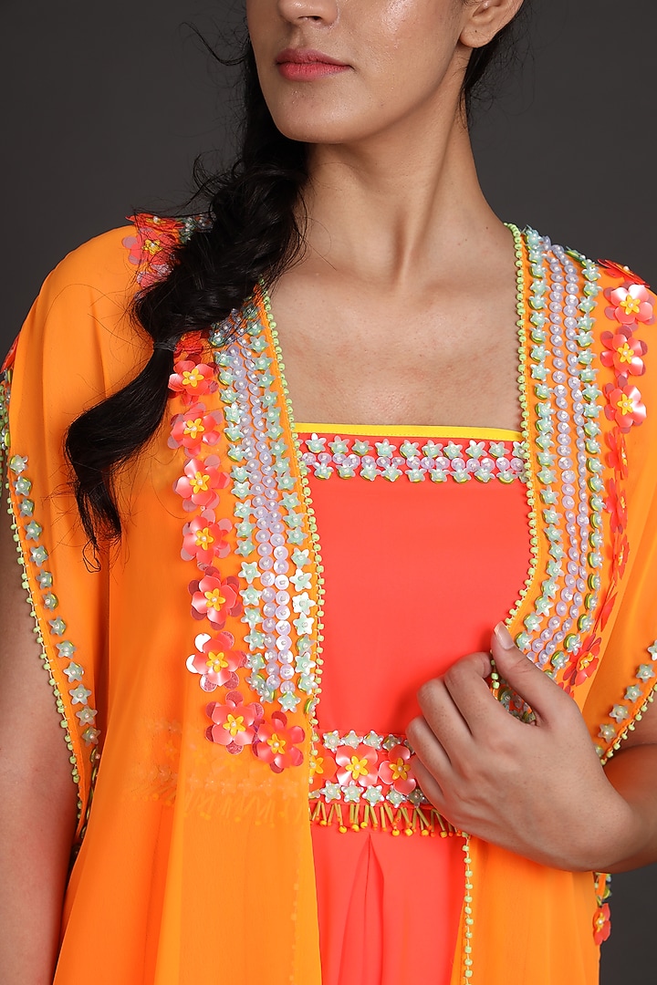 Rust Orange Embroidered Jumpsuit With Cape by Preeti S Kapoor at Pernia's Pop Up Shop
