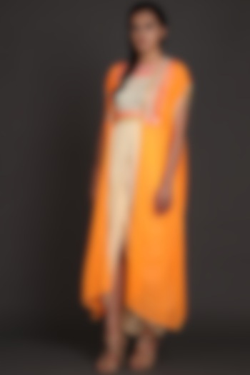 Orange & Cream Embroidered Jumpsuit With Cape by Preeti S Kapoor