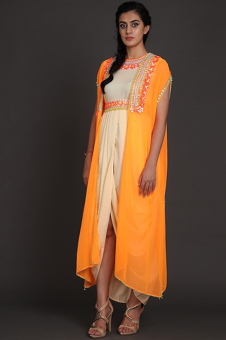 Orange & Cream Embroidered Jumpsuit With Cape by Preeti S Kapoor