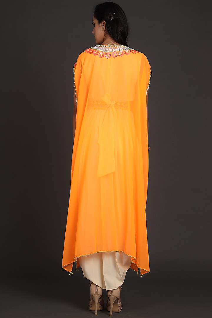 Orange & Cream Embroidered Jumpsuit With Cape by Preeti S Kapoor at Pernia's Pop Up Shop