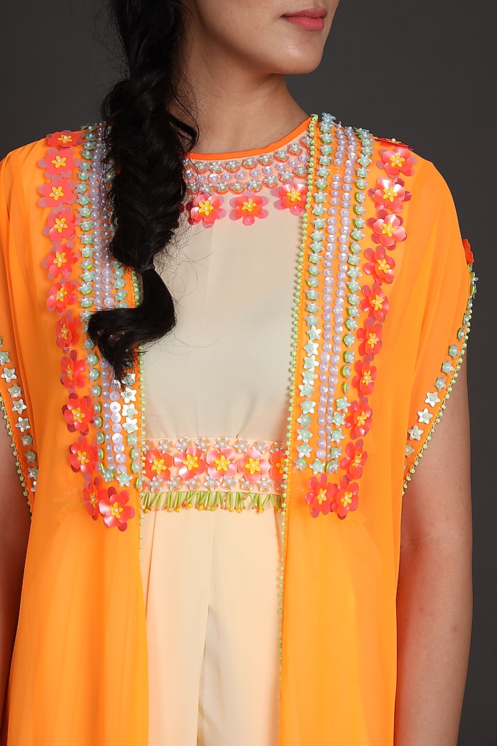 Orange & Cream Embroidered Jumpsuit With Cape by Preeti S Kapoor at Pernia's Pop Up Shop