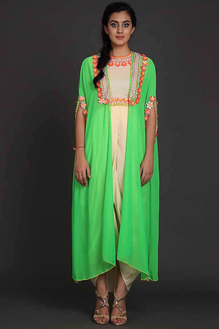 Green & Cream Embroidered Jumpsuit With Cape by Preeti S Kapoor