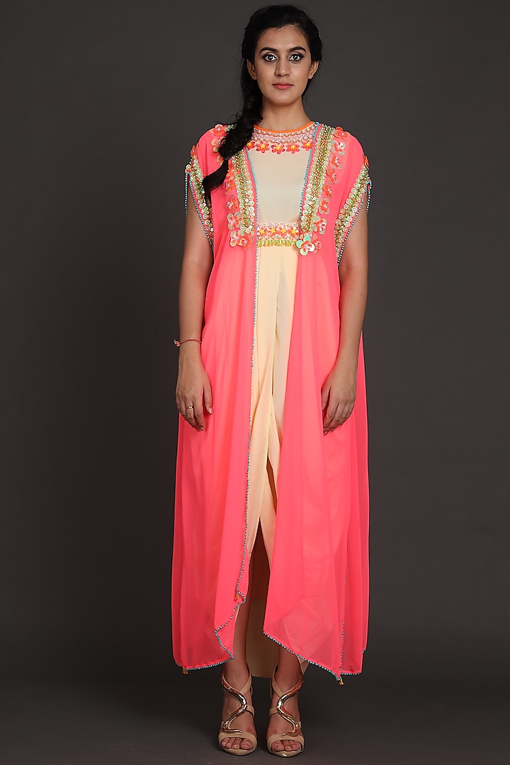 Pink & Cream Embroidered Jumpsuit With Cape by Preeti S Kapoor