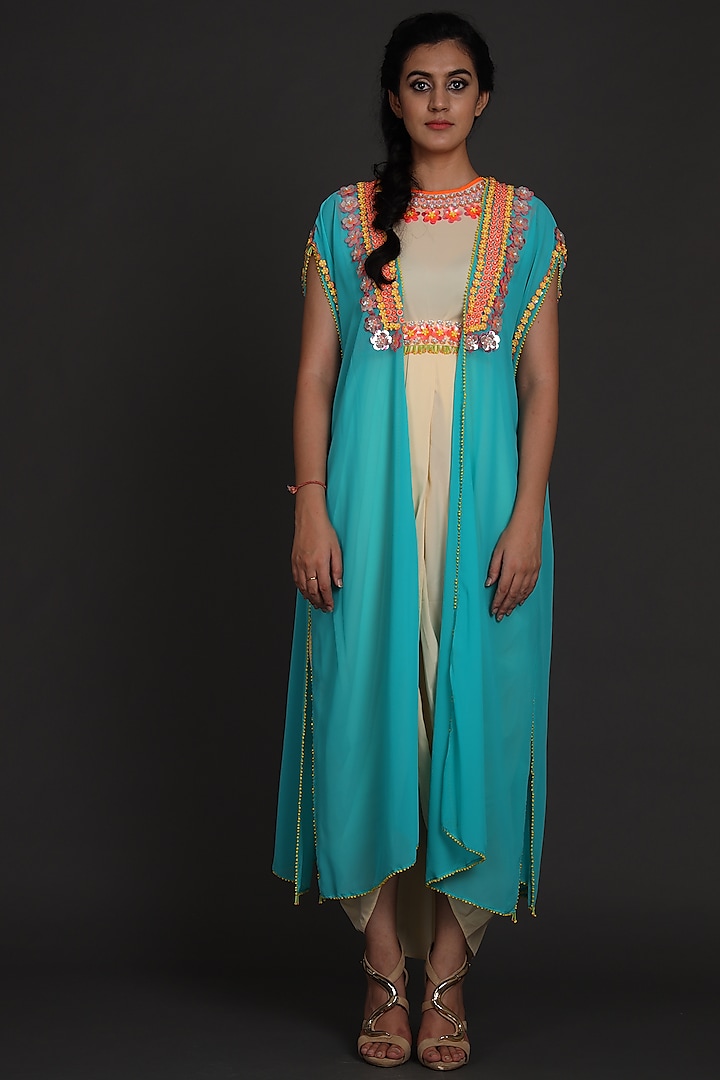 Blue & Cream Embroidered Jumpsuit With Cape by Preeti S Kapoor