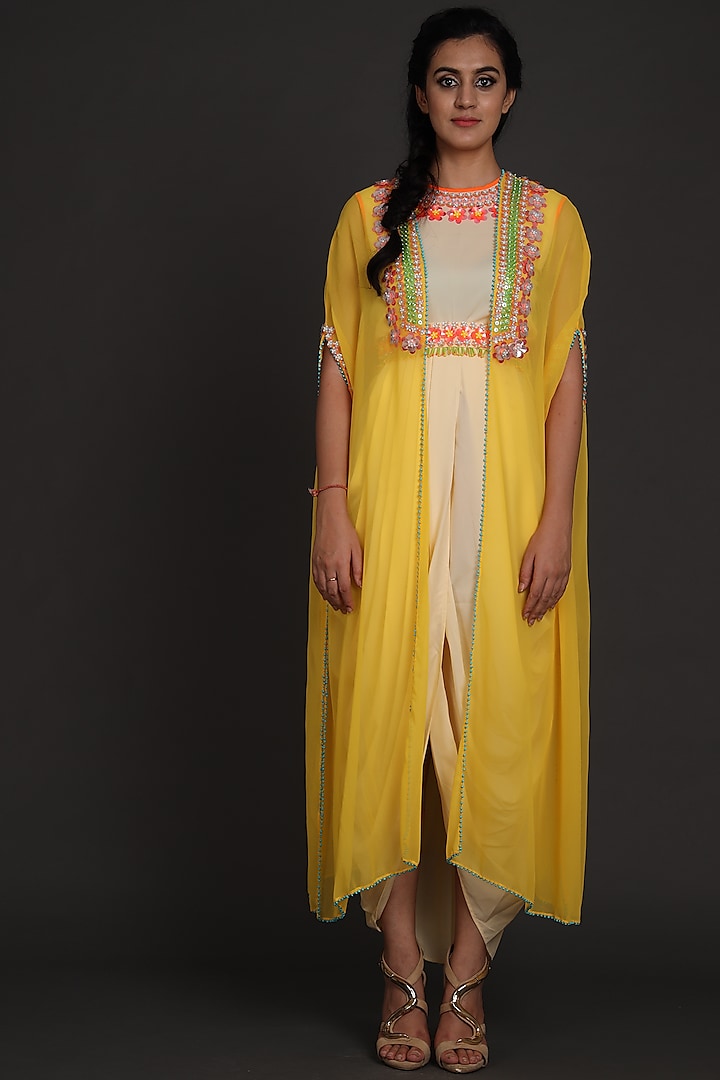 Yellow & Cream Embroidered Jumpsuit With Cape by Preeti S Kapoor at Pernia's Pop Up Shop