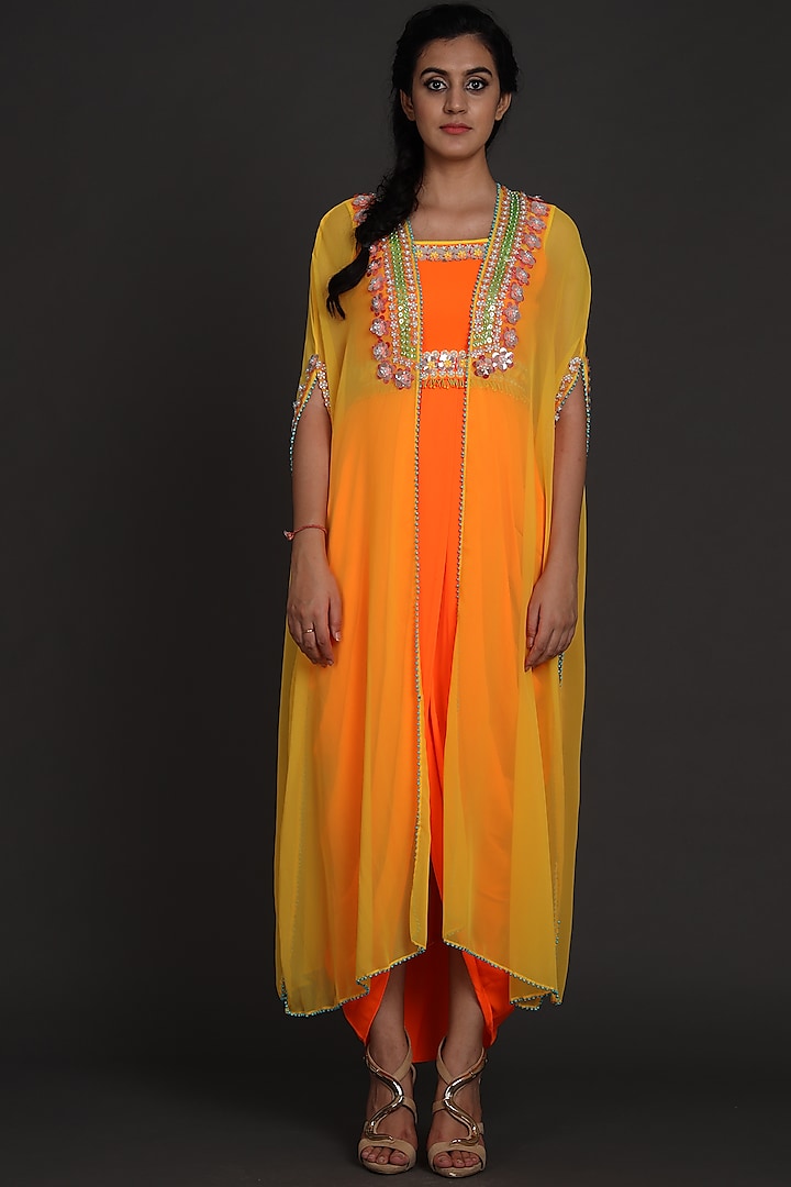 Yellow & Orange Sequins Embroidered Jumpsuit With Cape by Preeti S Kapoor