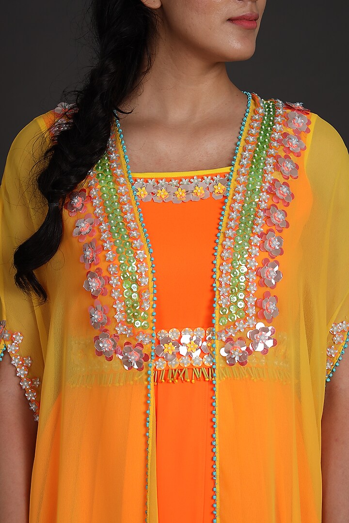 Yellow & Orange Sequins Embroidered Jumpsuit With Cape by Preeti S Kapoor at Pernia's Pop Up Shop