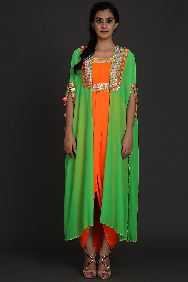Green & Orange Sequins Embroidered Jumpsuit With Cape by Preeti S Kapoor